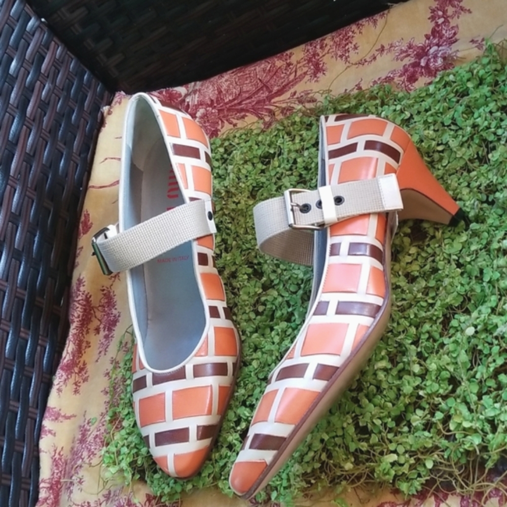 MIU MIU Y2k Orange Brown Basketweave Italy Leather Mary Janes Shoes 39 8.5 Euc - Picture 2 of 16